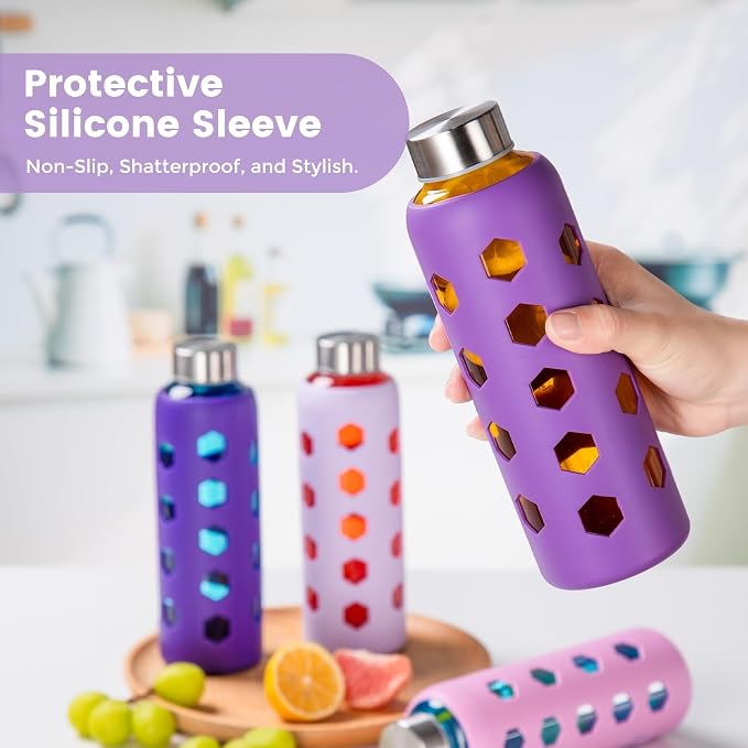 Mrsdry 18 oz Glass Water Bottles with Lids & Silicone Sleeves, 4-Pack | BPA Free, Leak-Proof Reusable Glass Drinking Bottles with Stainless Steel Airtight Cap for Juicing, Dishwasher Safe, Non-Slip