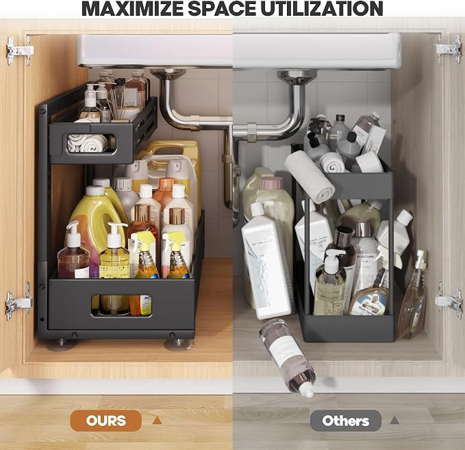 2 Pack 21IN-Depth Under Sink Organizer,Pull Out Cabinet Organizer With Smooth Cylindrical Rail,Metal Slide Out Drawer for Kitchen Bathroom Laundry,8-Level Tool Free Height Adjustable-Black
