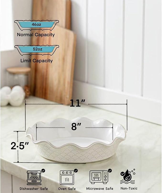 Ceramic Deep Pie Pan for Baking, 11 inch Porcelain Pie Plate for Apple Pie, Oven & Dishwasher Safe, Farmhouse Decor, 48 Ounce Deep Plate for Kitchen, Non-Stick Pie Dish, Embossed Diamond