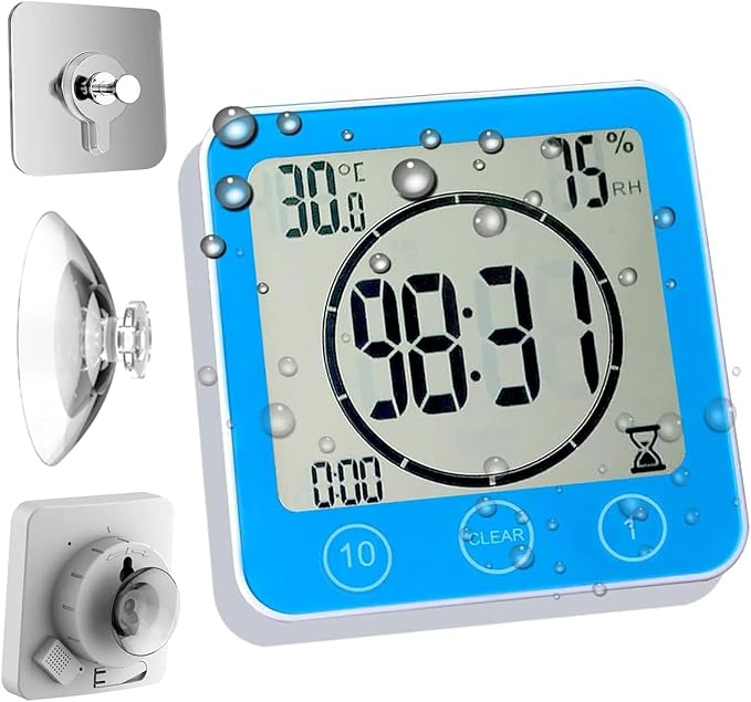 Waterproof Hanging Wall Clock Shower Timer, Large Digital Bathroom Alarm Clock for Kids, Big Visual Kitchen Cooking Countdown Timer, Bath Temperature Humidity Meter Mirror Suction Cup Timer (Blue)