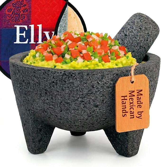 Mexican Molcajete 8in, Handmade with Natural Volcanic Stone, Mortar and Pestle Set for Guacamole, Spices, Salsa, Pesto & More, Authentic Lava Rock, Includes Free Tortilla Warmer