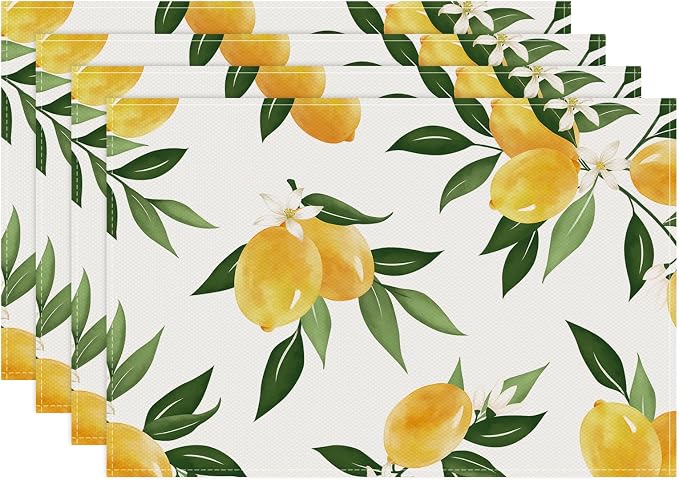 Bonhause Lemon Placemats Set of 4, 12x18 Inch Summer Yellow Fruits Green Leaves Kitchen Dining Table Mats Washable Place Mats for Indoor Outdoor Home Party Decor