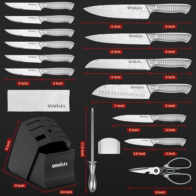 MOSFiATA Japanese Stainless Steel Knife Set, 17 Pcs with Block | Knife Sharpening Rod, Dishwasher Safe, Dad Birthday Gift