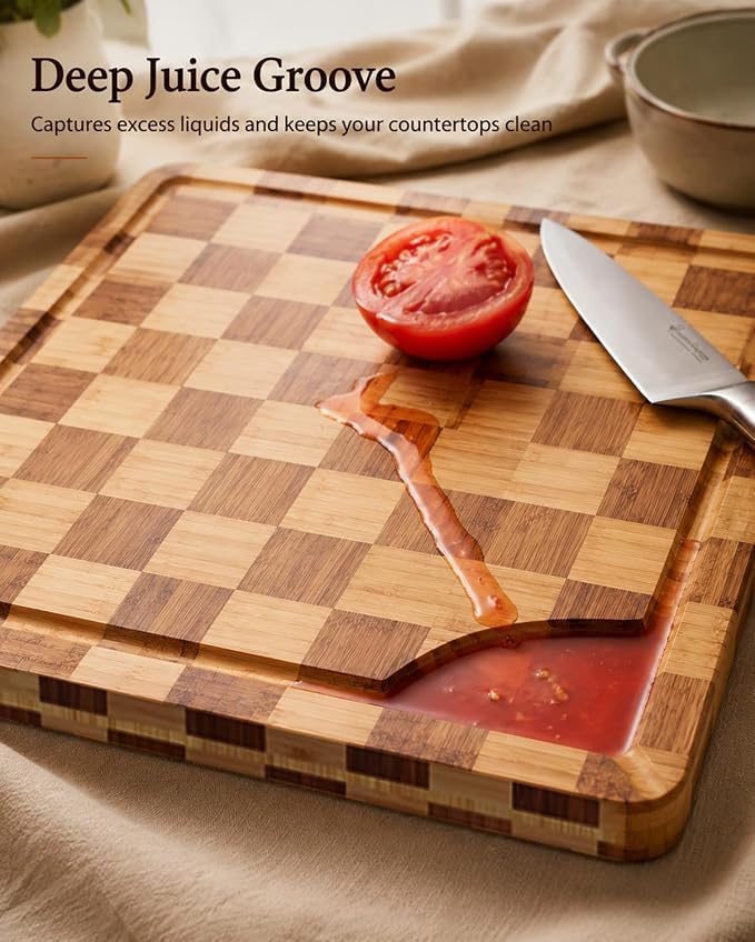 Checkered Cutting Board Set with Holder, Set of 3 End Grain Butcher Block Boards for Kitchen, Bamboo Serving Board with Handle for Cheese, Charcuterie, Meat, Fruit and Meal Prep