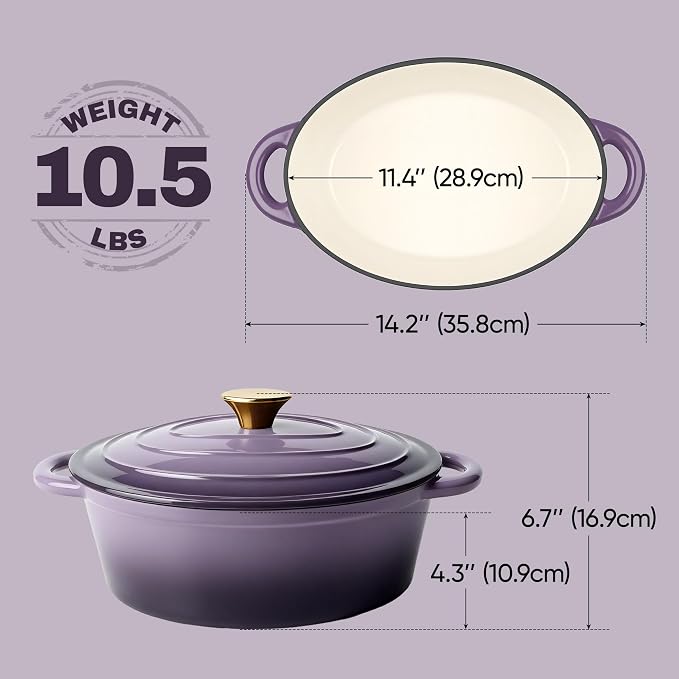 Vintage Style Oval Dutch Oven for Bread Baking, 4.5 Quart Non Stick Enameled Cast Iron Dutch Oven Pot with Lid, Oven Safe Oval Casserole with Lid up to 500°F for Baking, Braising, Stews, Roasting, Purple