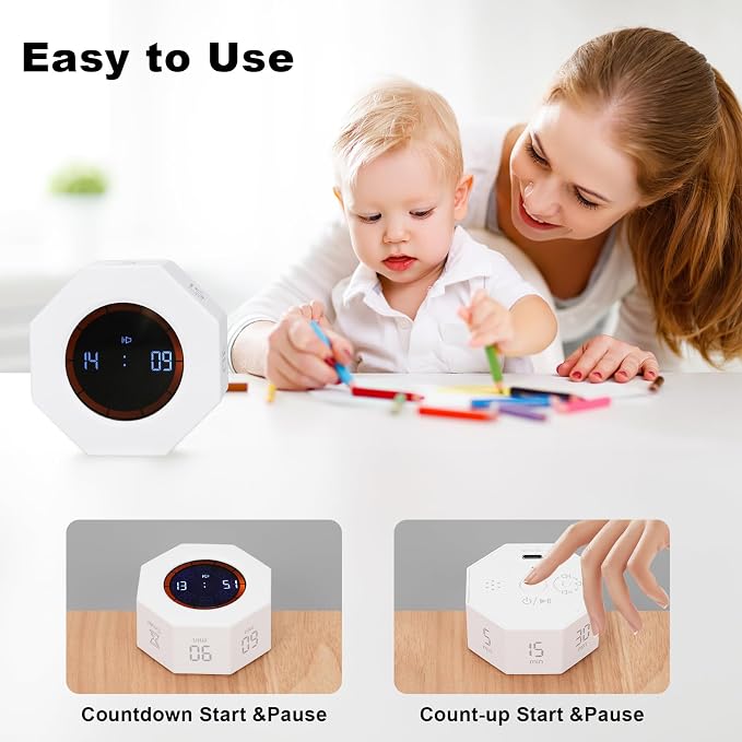 Rechargeable Pomodoro Timer, Small Gravity Timer (Pearl White) | Seven Preset Flip Times (1/3/5/15/30/60/90 min) and Count-Up Mode: Digital Kitchen Timer for Cooking, Work, and Study