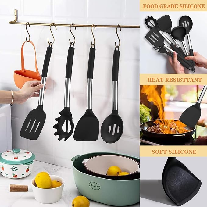 Silicone Cooking Kitchen Utensil Set, Umite Chef 43 PCS Heat Resistant Kitchen Utensils Gadget Set-Stainless Steel Handle- Kitchen Spatula Tools for Nonstick Cookware, Kitchen Accessories(Black)