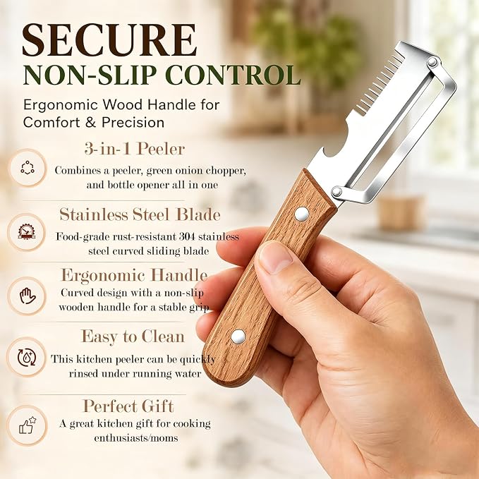 Multi-Functional Vegetable Peeler, 3-in-1 Stainless Steel Peeler | Ergonomic wooden non-slip handle, stainless steel blade, versatile uses, easy to clean