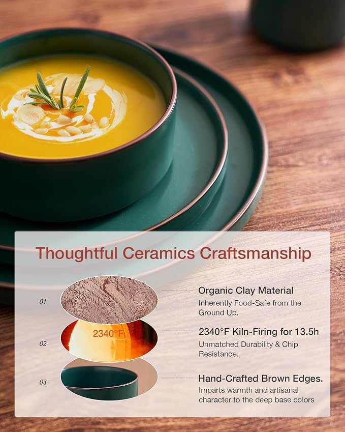 Famiware Nebula Ridge 18-Piece Stoneware Dinnerware Set, Dark Green | Plates and Bowls for 6, Warm Hand-Painted Rims, Microwave and Dishwasher Safe, Daily Essentials