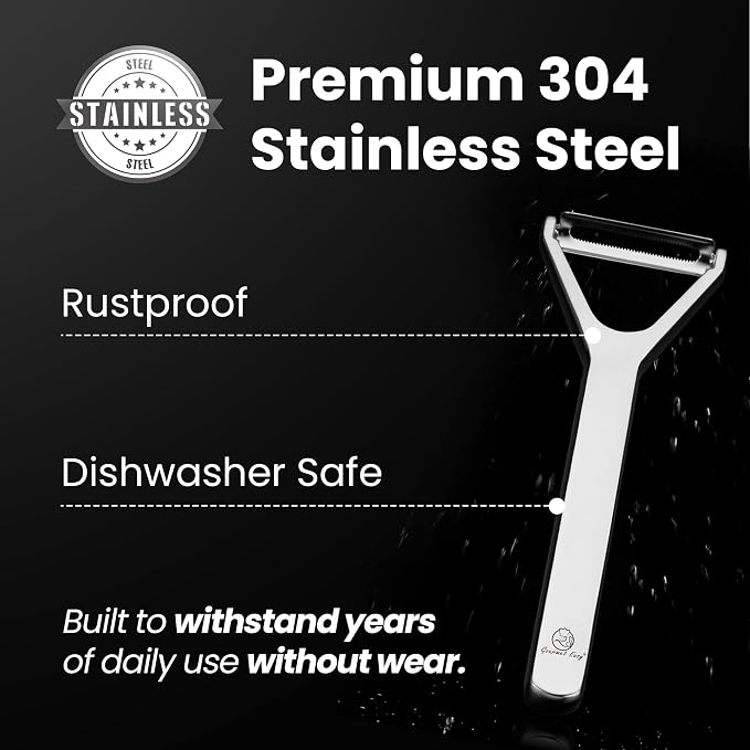 Gourmet Easy Stainless Steel Vegetable Peeler, Ultra Sharp Dual Blades | Easily Peeling and Slicing Fruit & Food, One-Piece Design No Trapped Water, Dishwasher Safe, Backed by a 5-Year Warranty