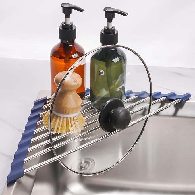 Tomorotec Triangle Roll-Up Dish Drying Rack for Sink Corner Small Foldable Stainless Steel Over The Sink Multipurpose Kitchen Drainer Caddy Organizer Storage Shelf Holder (Deep Blue) | BPA-Free Food-Grade Silicone Edges Foldable Waterproof Rustproof He...