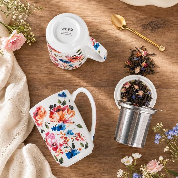 GBhome Tea Mug with Infuser and Lid,18 Ounce Ceramic Loose Leaf Cup Steeper | Lead-Free Glaze For Tea Lovers,Microwave & Dishwasher Safe with Tea Strainer