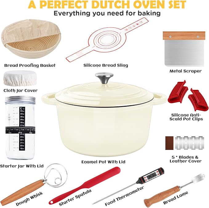 Enameled Cast Iron Dutch Oven Pot with Lid, 5QT Dutch Oven for Bread Baking | Round Bread Oven, Sourdough Bread Baking Supplies, Banneton Bread Proofing Basket, Starter Jar, Lame, Oven Safe up to 500°F