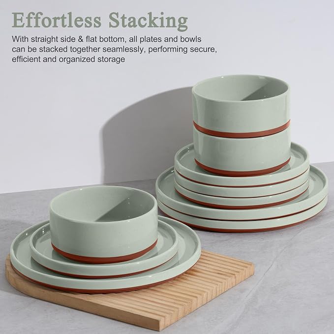 LIANYU Stoneware Dinnerware Sets Service for 8, 24 PCS Plates and Bowls Set | Handmade Ceramic Dish Set, Highly Chip and Crack Resistant Modern Plate Set, Laurel Green