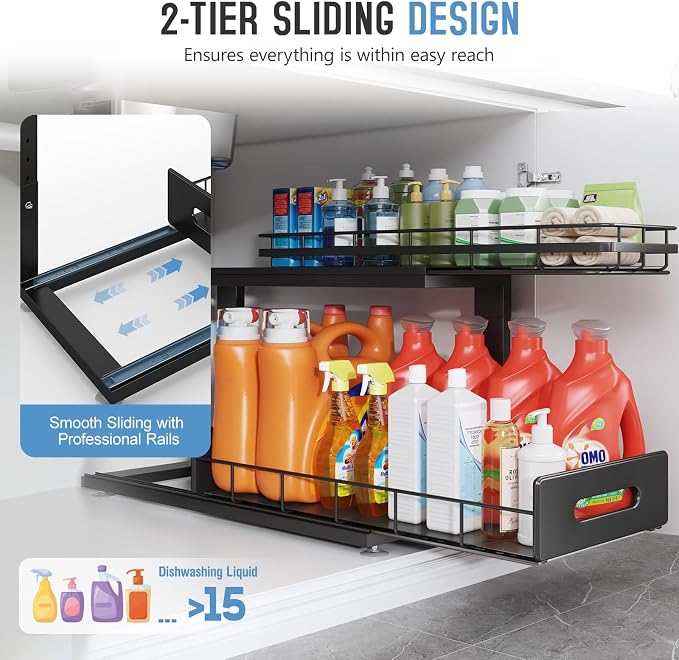 Under Sink Organizer Upgrade To Professional Rails,2-Tier Dual Pull Out Cabinet Storage,Height Adjustable Slide Out Drawers For Bathroom Kitchen,2 Pack-21"Dx12.8"-16.9"H,Black