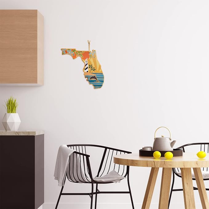 Totally Bamboo Florida State Shaped Cutting Board, Summer Stokes Art | State charcuterie board with colorful hand-drawn landscape art. Smooth reverse side for food prep. Hang tie for wall display.