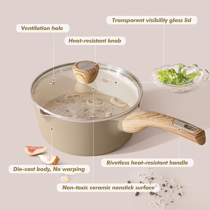 SENSARTE 2.0 & 3.0 Quart Ceramic Sauce Pan Sets with Lid, Cooking Pots Set, Nonstick Saucepan Set with Pour Spout, Small Kitchen Pot, Non toxic Saucepot, Induction Comptable, PFOA PTFE PFAS PFOA Free