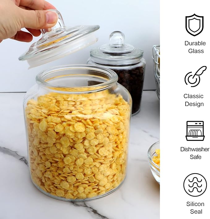 Salzesfalls Glass Storage Containers, Clear Glass Jar with Lids Set of 4 | 2 Pack 32oz and 2 Pack 64oz Cookie Jar & Candy Jar with Airtight Lid, Kitchen Canisters for Pantry, Flour, Coffee bean, Pasta