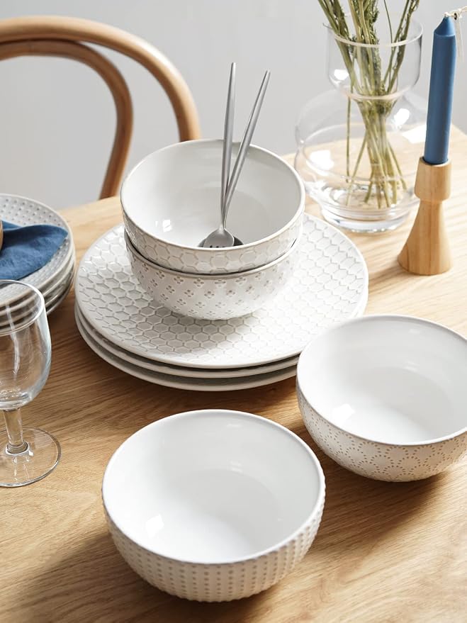 LE TAUCI Ceramic Dishes Set for 4, 12 Piece Plates and Bowls Sets, Embossed Kitchen Dinnerware Sets, Chip Resistant, Microwave & Dishwasher Safe, Arctic White (8"&10" Plate, 26oz Bowl)