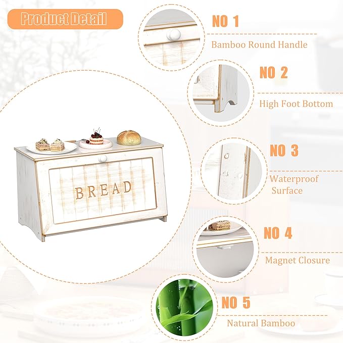 Vintage Bread Box for Kitchen Countertop, Retro Design Bread Storage Container, Farmhouse Wooden Counter Breadbox, Small Bamboo Bread Bin Holder for Homemade Bread, White