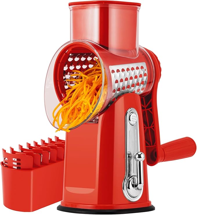 SUSTEAS Rotary Cheese Grater 5 Blades,Kitchen Mandoline Vegetable Slicer | Red, Easy to Clean, Strong Suction Base, 5 Blades Storage Box, Round Mandoline Slicer & Food Chopper for Salad