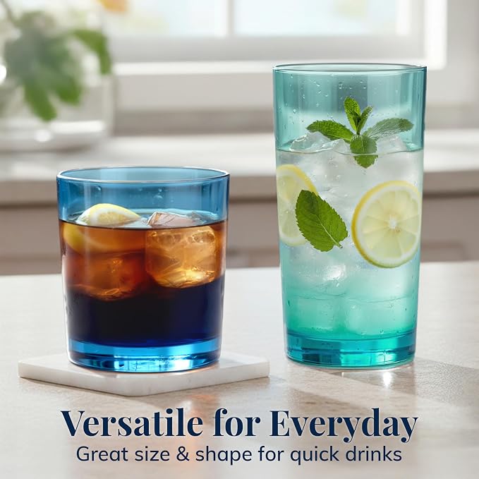 US Acrylic Classic Plastic Reusable Drinking Glasses (Set of 8) 12oz Rocks & 16oz Water Cups in Coastal Colors | BPA-Free Tumblers, Made in USA | Top-Rack Dishwasher Safe