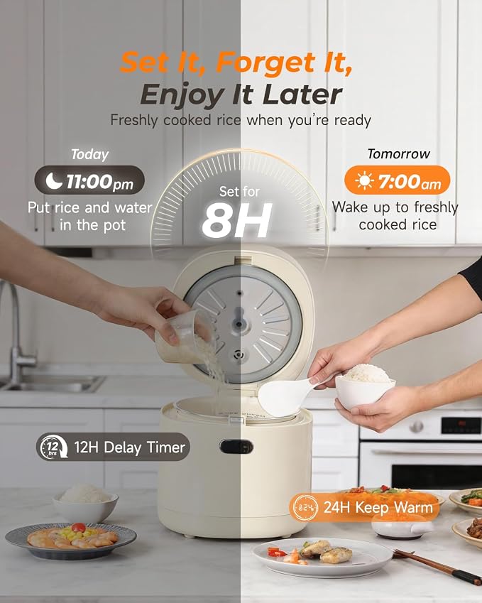 Feekaa Rice Cooker Small, 3-Cup Uncooked (6-Cup Cooked), Compact Mini Rice Cooker Small Kitchen with Ceramic Coated Inner Pot, Rice Maker with 6 Menu Options, 12H Delay Timer, Low Temperature Cooking