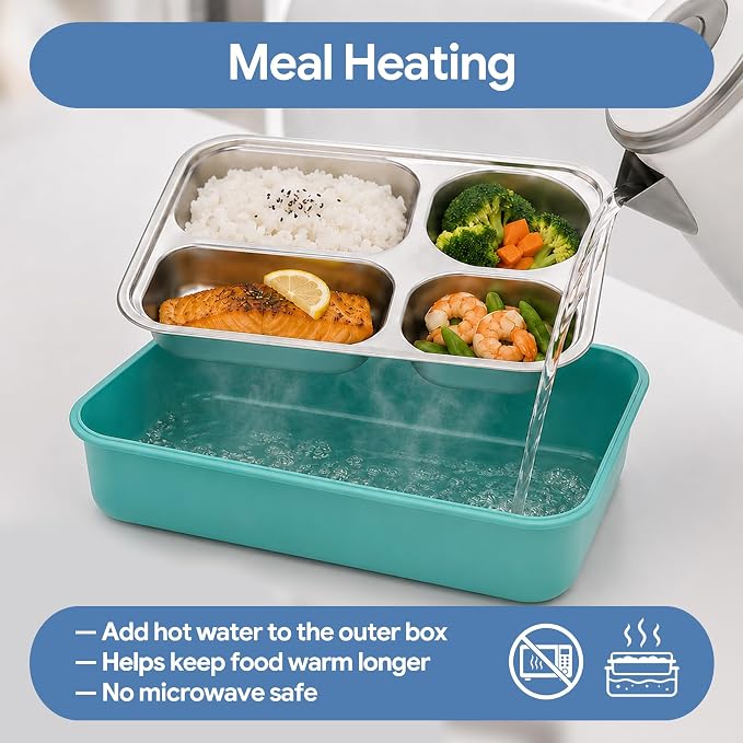 Large 11" x 8" Stainless Steel Bento Lunch Box for Adults with 4 Compartments Leakproof Lid BPA-Free 304 Stainless Steel Food Container That Keeps Food Separate, Ideal for Office and Travel use, Blue