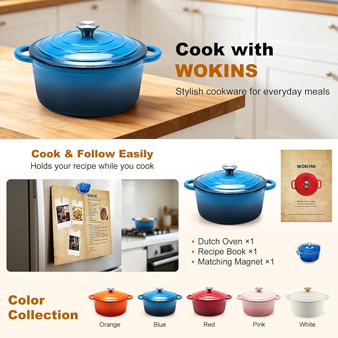 7-QT Enameled Cast Iron Round Dutch Oven With Lid,Oven safe,Blue | Large enameled cast iron Dutch oven,Retains moisture,PFAS-free,500°F,sourdough,braising/stews/roasting,Housewarming Gift