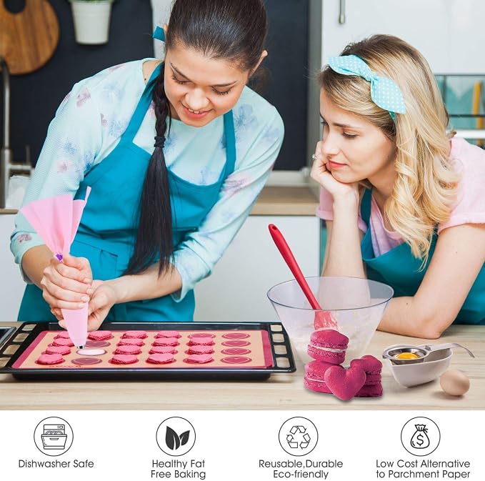 Silicone Macaron Baking Mat Kit - (30 in 1) Macaroon Baking Mat Heart Set,2 Half Sheet Macaron Silicone Mat,1 Egg Separator,1 Pastry Brush,1 Spatula,6 Frosting Tips,12 Piping Bags