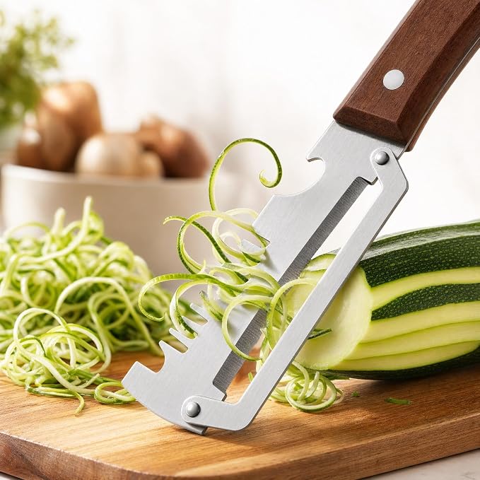 Multifunctional Vegetable Peeler with Wooden Handle | Bottle Opener, Vegetable Slicer, Cabbage Shredder, Stainless Steel, Kitchen Essentials 2026