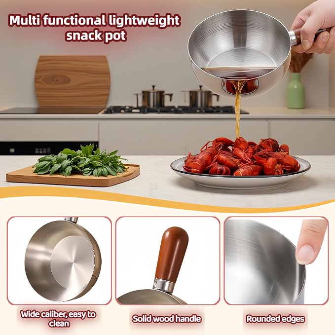 800ml/27oz Wood Handle Saucepan - 316 Stainless Steel, Multi-Use Induction Compatible Pan for Milk, Soup, Oatmeal, Camping & Small Kitchen