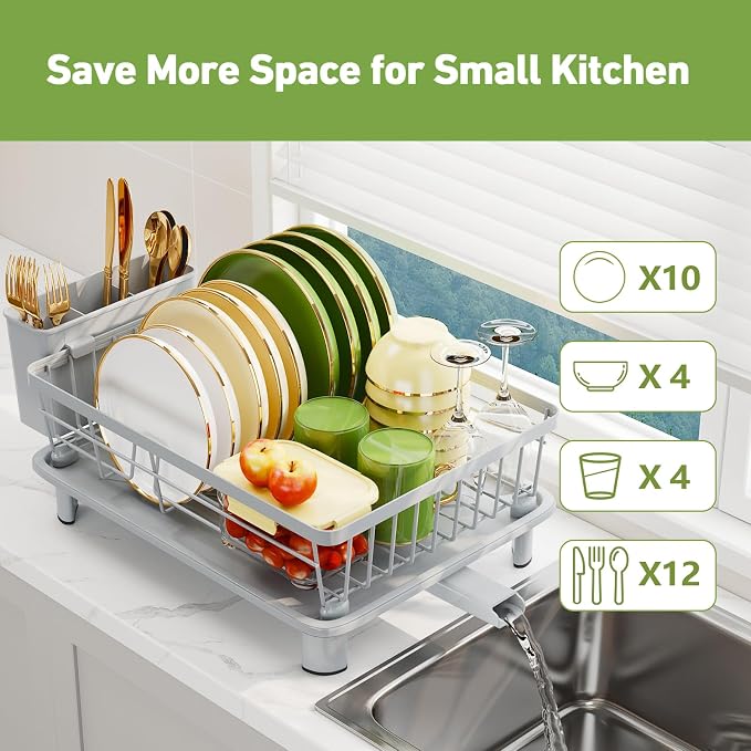 Dish Drainer Rack with Drip Tray, Sink Dish Drainer with Drainage Spout, Stainless Steel Dish Drying Rack with Cups, Utensil & Cutting Board Holders for Kitchen Counter Space-Saving, Grey