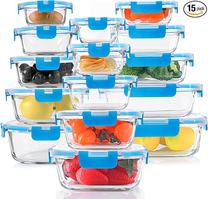 30 Pieces Glass Food Storage Containers Set, Blue | Glass Meal Prep Containers Set, Snap Locking Lids, Airtight Lunch Containers, Microwave, Oven, Freezer & Dishwasher Safe