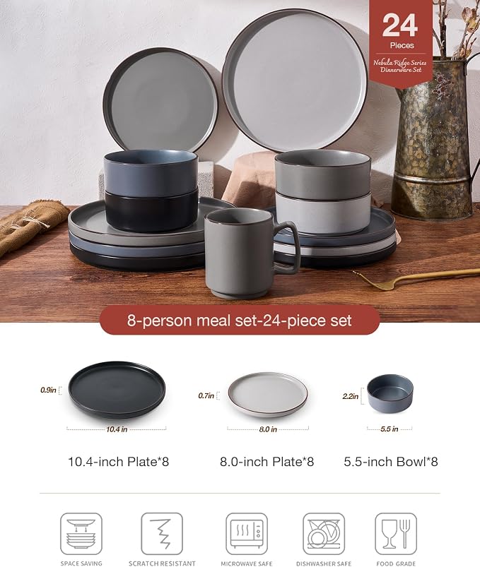 Famiware Nebula Ridge 24-Piece Stoneware Dinnerware Set, Multi-color | Plates and Bowls for 8, Warm Hand-Painted Rims, Microwave and Dishwasher Safe, Daily Essentials