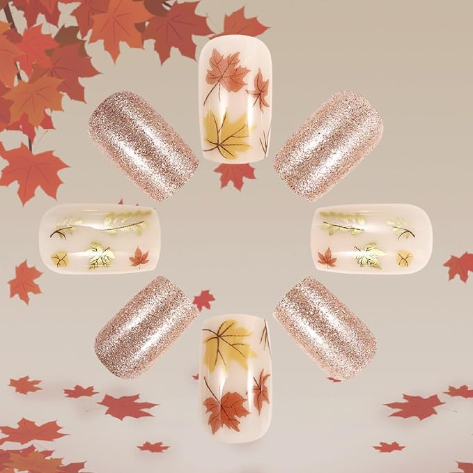 Fall Press on Nails Medium Square Fake Nails with Maple Leaves Glitter Designs Nails Press ons Orange Yellow Nude Glue on Nails Full Cover Stick on Nails for Women 24 Pcs
