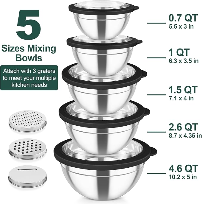 TeamFar Mixing Bowls, Stainless Steel Salad Serving Bowl with Clear Lids | with 3 Graters, For Kitchen Cooking Prepping Storing, Size 4.6/2.6/1.5/1/0.7 QT, Nesting & Airtight, Set of 5 & Black