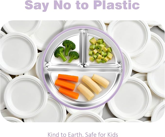 Bakpoco Stainless Steel Suction Plates for Toddlers, 9" Divided Kids Baby Plates with Removable Silicone Suction, Non Toxic Non Slip Portion Control Snack Dishes 3 Packs, Pink Beige Lilac