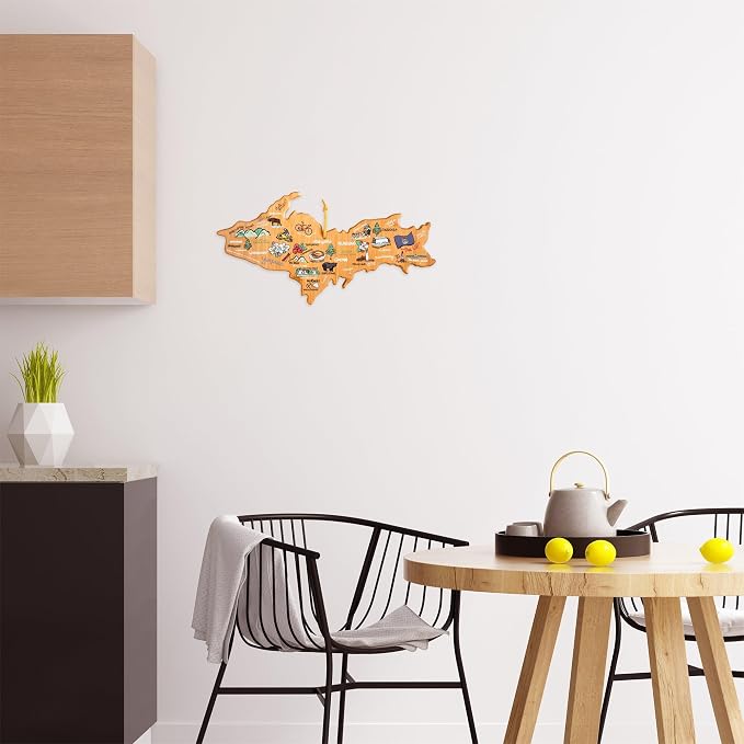 Totally Bamboo Michigan Upper Peninsula Shaped Cutting Board, Fish Kiss Art | Upper Peninsula charcuterie board with colorful hand-drawn map art. Smooth reverse for food prep. Hang tie for wall display.