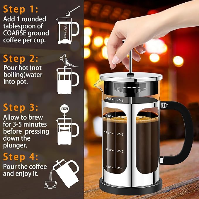 YMMIND French Press Coffee Maker (21oz 600ML 3-4Cup) Coffee Press, with 4 Filters System, Heat Resistant Thickness Borosilicate Glass, Cold Brew Coffee Tea Pot Gifts (Silvery)