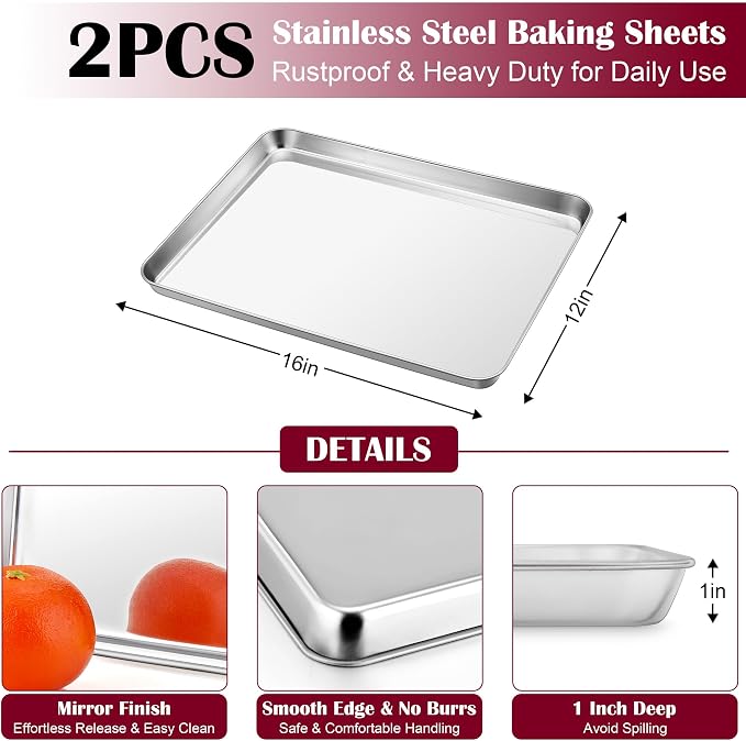 E-far Baking Sheet with Wire Rack, Stainless Steel 2 Pans + 2 Racks | 16 x 12 Inch Cookie Sheets Pan & Cooling Rack for Baking Cookies/Jelly Rolls, Non Toxic & Heavy Duty, Oven & Dishwasher Safe