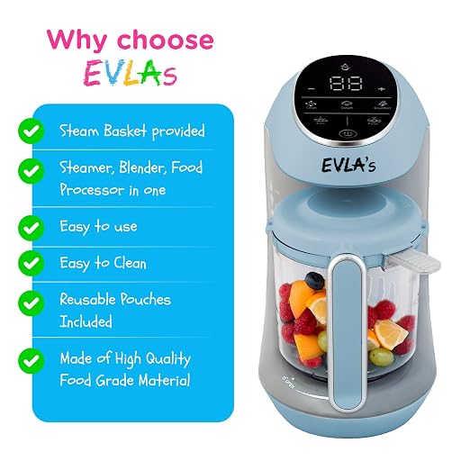 EVLA'S Baby Food Maker, Steamer, Blender, Baby Food Processor for Healthy Homemade Baby Food in Minutes, Touch Screen with 6 Reusable Food Pouches, Baby Registry Essential, Blue | Blend, Grind, Steam, and Cook Homemade Baby Food, Self Cleaning Machine ...