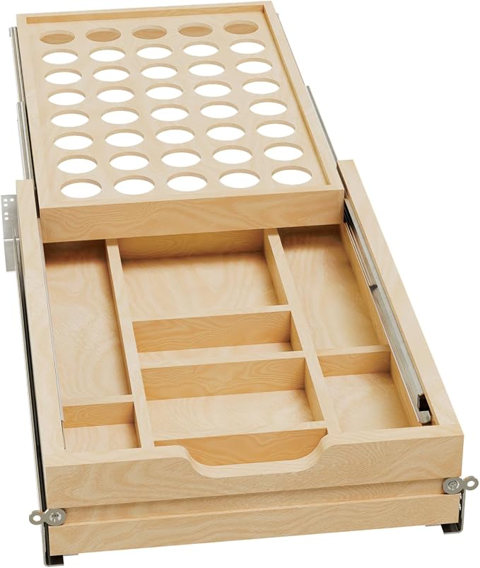 Rev-A-Shelf 15 Inch 2 Tiered Cutlery and Utensil Pullout Drawer Organizer with KCUP Tray and Soft-Close Slides, 4WTCD-18HSC-KCUP-1