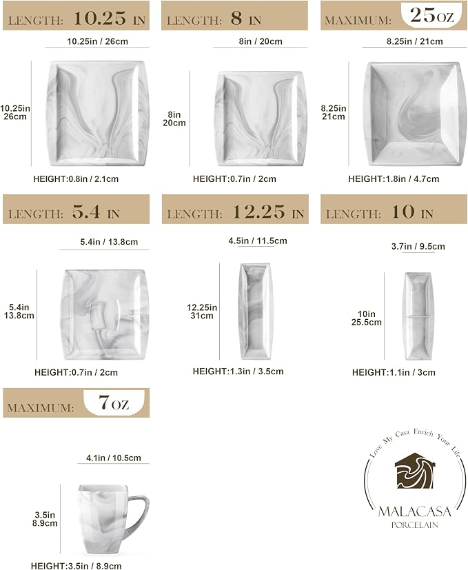 MALACASA Dinnerware Sets, 32 Pieces Porcelain Plates and Bowls Sets for 6, Marble Grey Dishes with Plates and Bowls, Cups and Saucers, Side Dish Plates, Square Dinner Set, Series Blance | Complete with Plates, Bowls, Cups, Saucers, Microwave Oven and D...