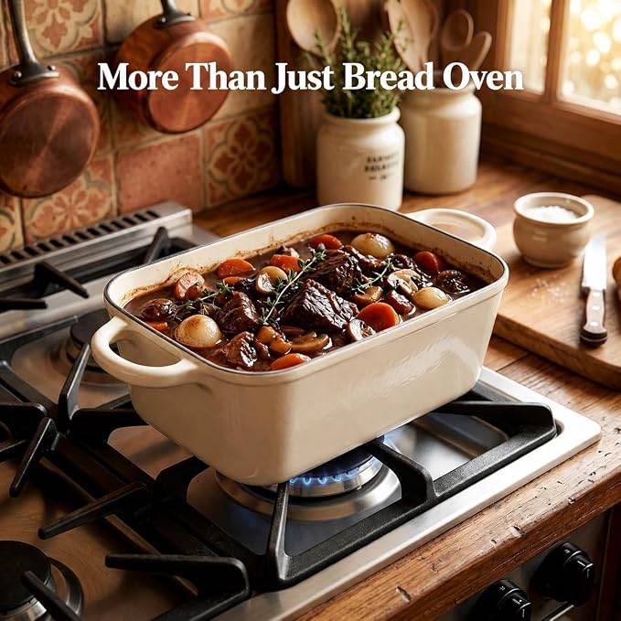 5 Quart Enameled Cast Iron Bread Pan with Lid, Dutch Oven for Sourdough Bread Baking, Large 12.6" Loaf Pan for Homemade Artisan Bread, Oven Safe for Crispy Crust & Fluffy Interior (Cream White)
