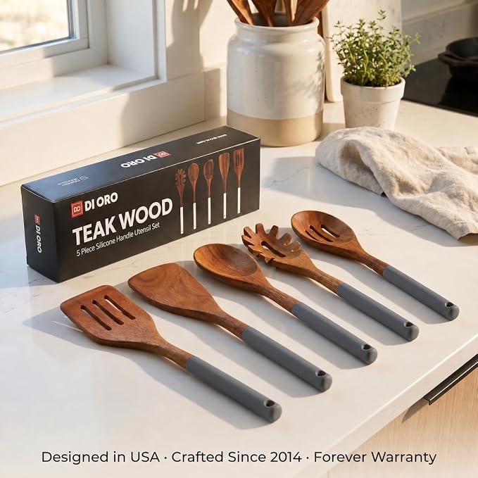 DI ORO Wooden Kitchen Utensil Set - 5 Pc Spoon & Spatula, Dark Grey | Won't scratch nonstick pots and pans; Natural hardwood, easy to hand wash; For cooking, serving, stirring, and turning