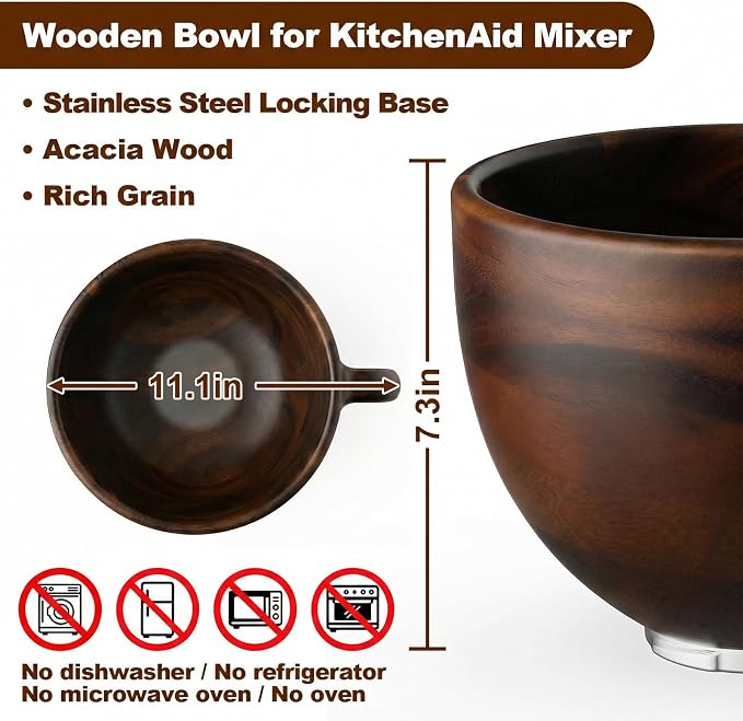 Cofun Premium Wood Mixing Bowl for KitchenAid 4.5-5 Qt Stand Mixers | Natural True Wooden Bowls, Wooden Bowl for KitchenAid with Stainless Steel Locking Base, Handle
