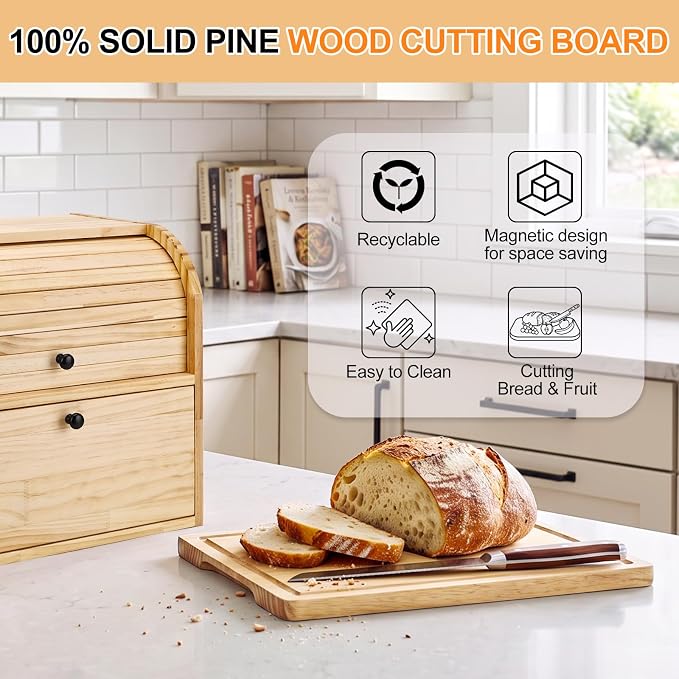 Alpeir Roll Top Bread Box with Cutting Board for Kitchen Countertop | Large Breadbox with Ventilation Holes, Double Layer Pantry Shelf, Wooden Homemade Bread Storage Container, Vintage Farmhouse
