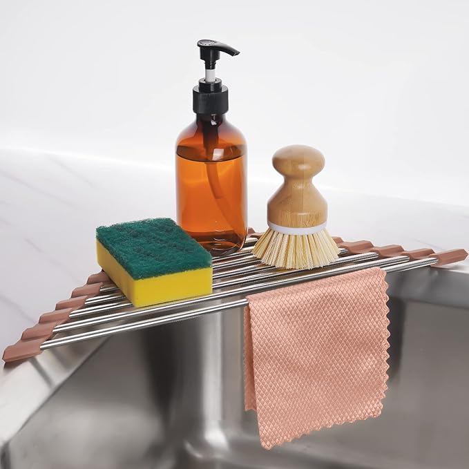 Tomorotec Triangle Roll-Up Dish Drying Rack for Sink Corner Small Foldable Stainless Steel Over The Sink Multipurpose Kitchen Drainer Caddy Trivet Rustproof Storage Shelf (Chocolate Brown) | BPA-Free Food-Grade Silicone Edges Foldable Waterproof Rustpr...