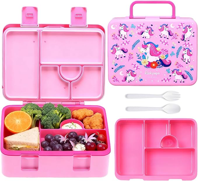 rockpapa Bento Box for Kids - Large 5.5 Cups Lunch Box with Utensils - 5 Compartments, BPA-Free, Leak Proof, Portable Handle for Boys Girls, Microwave/Dishwasher Safe (Pink Unicorn)